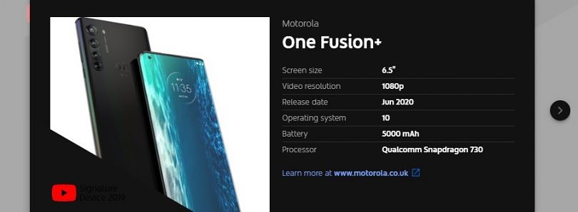 YouTube泄露了摩托羅拉One Fusion +的高通Snapdragon 730、5,000mAh電池和2020年6月發(fā)布日期