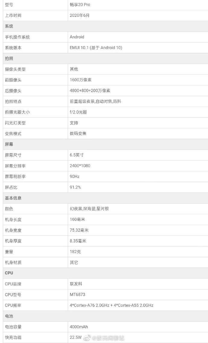 華為暢享20 Pro規格表泄漏幾天才能啟動(dòng)