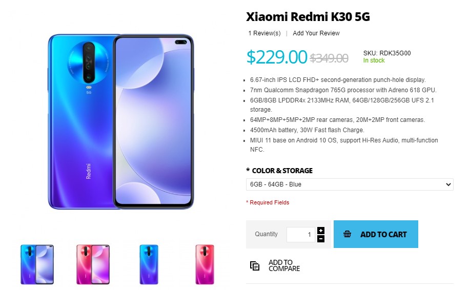 Redmi K30 5G智能手機降價(jià)，Giztop售價(jià)229美元