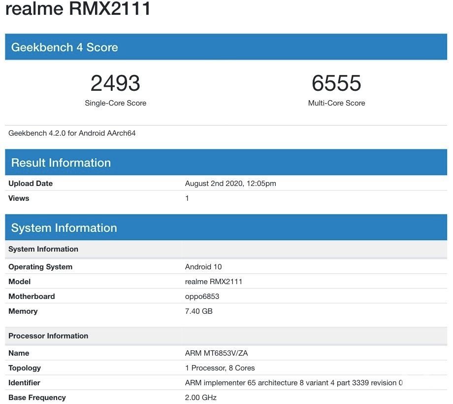 推出前，帶有Dimensity 720的Realme V5出現在Geekbench上