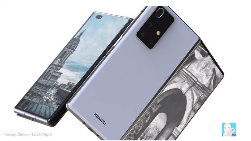 華為Mate X2概念3D渲染圖顯示向內折疊的顯示屏,鉸鏈,四鏡頭等