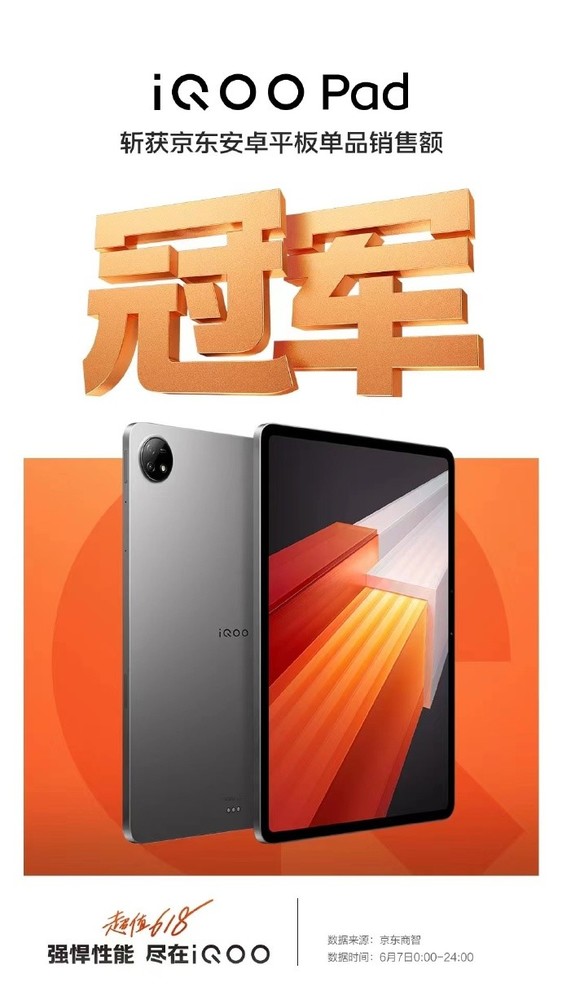 iQOO Pad斬獲京東安卓平板單品銷(xiāo)售額冠軍