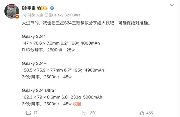 三星S24全系參數曝光 小屏手感值得期待/超大杯近半斤